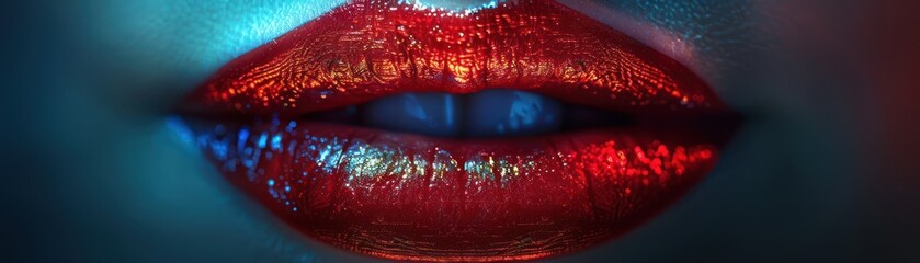 Close-up of glossy red lips with creative lighting. Perfect for beauty, fashion, and cosmetic themes in stock photo collections.