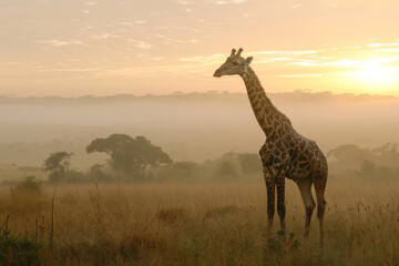 A giraffe stands in a field of tall grass