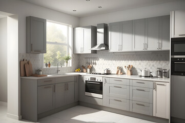 Elegant contemporary kitchen with sunlight filtering through, featuring grey cabinets, stainless steel appliances, and a minimalist design