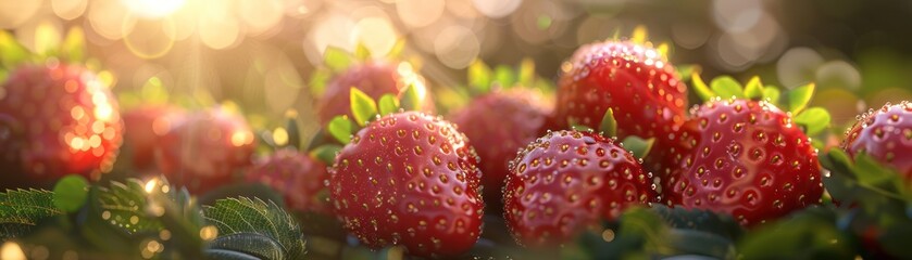 Close-up of ripe red strawberries with green leaves, basking in golden sunlight, creating a fresh and vibrant summer scene. - Powered by Adobe