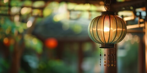 Traditional lantern hanging with warm bokeh lighting and background blur