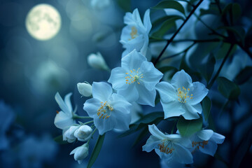 Obraz premium A close up of a flower with a full moon in the background