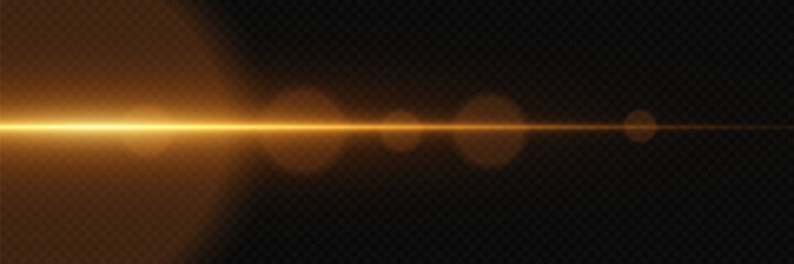 Golden explosion of glare. Magic neon light, horizontal beam. On a transparent background.