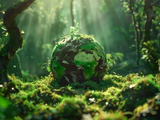Earth Day, Green Globe Amidst Mossy Forest with Sun Rays - Embracing Nature's Beauty, Environmental Friendliness, and Planet Preservation