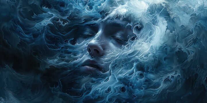Dreamy surreal portrait with face emerging from ethereal blue mist, representing imagination, spirituality, and tranquility in abstract art form.