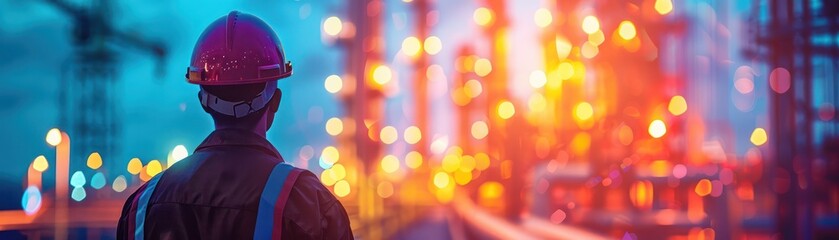 Obraz premium Engineer in hard hat observes illuminated industrial plant at dusk, highlighting energy production, technology, and infrastructure.