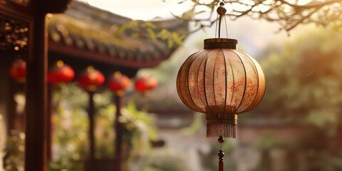 Softly lit traditional Chinese lantern hanging in a tranquil setting with architectural details in the background