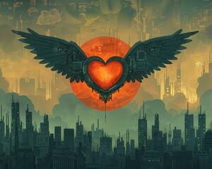 Obraz premium Futuristic digital artwork of a heart with wings over a dystopian cityscape, with a glowing orange sun in the background.