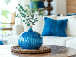 Charming Blue Ceramic Vase Enhances Country-Style Living Room