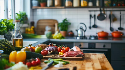 Variety of Fresh Ingredients on Wooden Kitchen Counter with Olive Oil Bottle, AI Generation