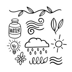 Doodle set with nature elements like plants and weather symbols, hand-drawn in a creative style