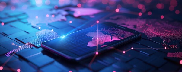 Futuristic smartphone with digital interface and world map overlay. Depicts global connectivity and advanced technology.