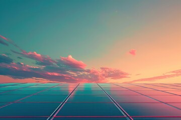 Futuristic solar panel installation with colorful sunset sky in the background, showcasing renewable energy technology advancements.