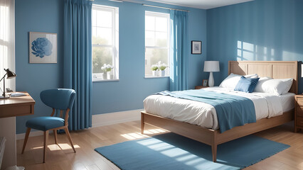 Inviting, well-lit bedroom with a wooden bed, blue accents, minimalist design, and a serene color palette