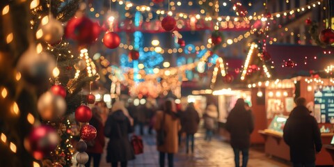 An enchanting scene of a Christmas market with vibrant lights and decorations, capturing a joyful holiday atmosphere