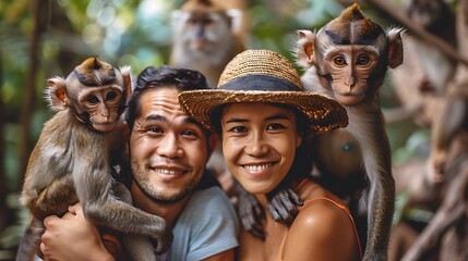 A happy couple posing with playful monkeys in a tropical forest setting.  - Powered by Adobe