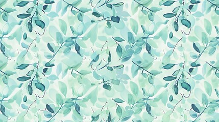 A seamless pattern of delicate blue and green leaves on a pastel background suitable for wallpaper or fabric design.