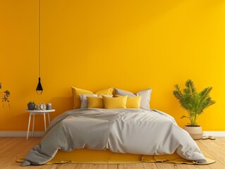 Patterned Yellow Wall with Grey Bed
