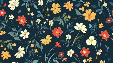 A vibrant floral pattern featuring colorful flowers and foliage on a dark background, ideal for a stylish wallpaper or textile design. 