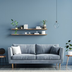 Scandinavian Living Room with Grey Sofa and Blue Wall