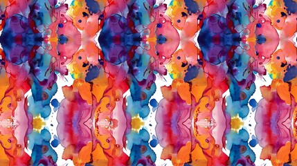 A vibrant abstract watercolor painting with a seamless floral pattern and bright colors on white background. 