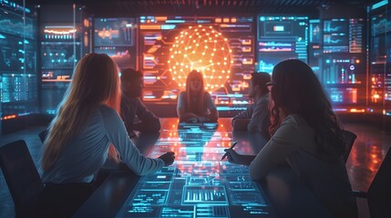 Future Fusion: Woman Engages with Futuristic Data Monitor