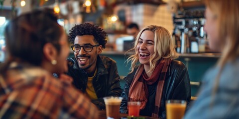 Group of friends enjoying leisure time in a cafe with faces blurred for privacy