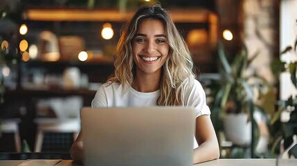 Fototapeta premium young businesswoman smiling brightly as she multitasks on her laptop