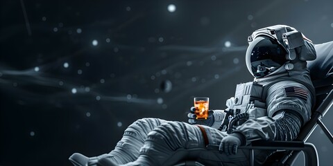 Astronaut relaxes in sun lounger with cocktail enjoying space vacation. Concept Space Vacation, Astronaut Leisure, Relaxing Lounge, Cosmic Cocktails, Futuristic Relaxation
