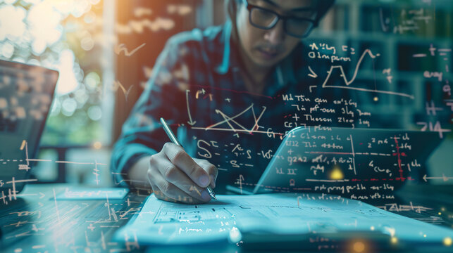 Young man working with math equations. Image of a young man working on a math problem with mathematical equations and formulas overlayed.