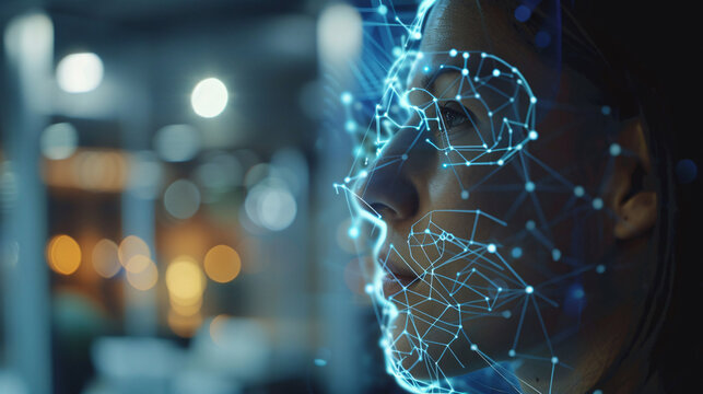 Facial recognition technology scanning woman's face. Futuristic image of facial recognition technology scanning a woman's face for identification purposes.