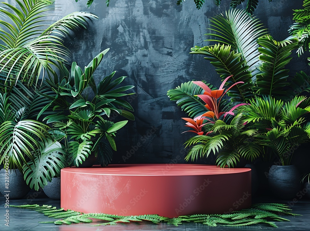 Wall mural 3D render mockup podium background with tropical leaves and red platform for product presentation