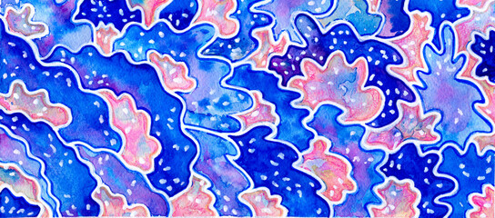 Abstract watercolor elegant background. Blue and pink wavy shapes with light dots are dynamically positioned against the background. Illustration.