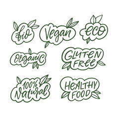 Illustration set with labels for organic, vegan, gluten free, and natural products