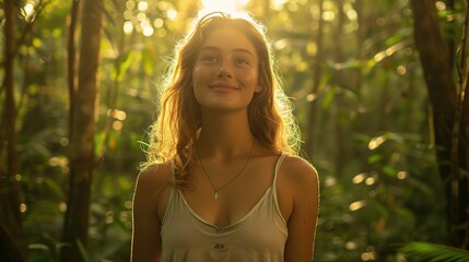 A young woman smiling serenely as she walks through a tranquil forest, the dappled sunlight filtering through the trees adding to the peacefulness of her woodland stroll