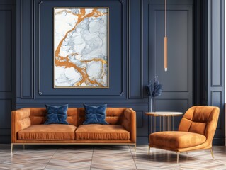 Modern Living Room with Art Deco Elements: Orange Sofa and Armchair against Blue Wall
