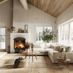 Scandinavian Farmhouse Inspired Living Room with Cozy Fireplace