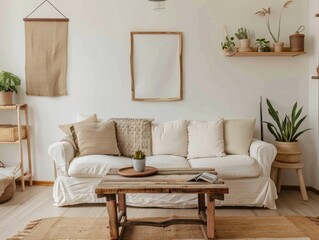 Modern Scandinavian Living Room Decor with Blue Sofa and Yellow Pillows