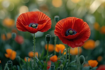 A closeup of two vibrant red poppies standing tall in the midst of lush green grass, with soft focus on distant flowers and plants. - Powered by Adobe
