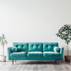 Modern Scandinavian Living Room Interior with Turquoise Sofa and Copy Space