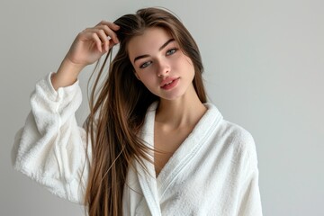 Fototapeta premium Long Healthy Hair. Female Spa Services: Girl Combing Hair in Terry Bathrobe