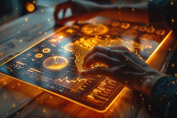 A person holding an interactive digital poster with various charts and graphs, representing data analytics in marketing