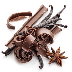 Vanilla Chocolate. Dark Chocolate Curls and Vanilla Beans Isolated on White Background