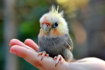 Baby Bird In Hand. Cute Cockatiel Chick Held Tame Young Parrot Pet