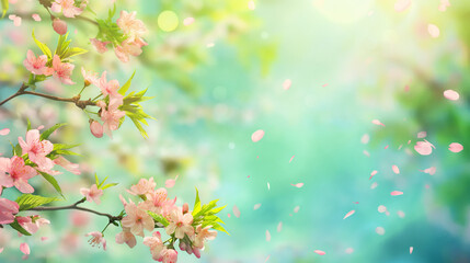 Fototapeta premium A beautiful spring background showcasing blooming flowers, vibrant greenery, and clear blue skies, perfect for adding a touch of freshness and renewal to any project