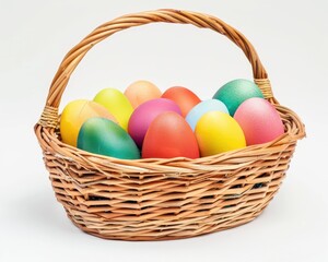 Easter Basket With Colourful Eggs - Group of Green and Yellow Eggs in Basket on White Background