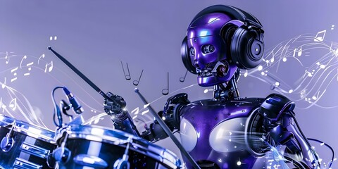 Female robot drummer in a futuristic setting with musical notes and headphones. Concept Futuristic Theme, Female Robot, Drummer, Music Notes, Headphones
