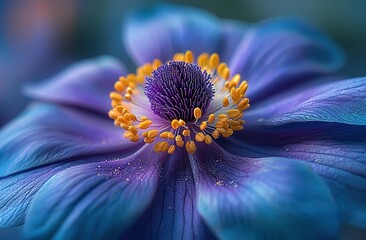 Closeup of an anemone flower with violet petals and a yellow center, macro photography focusing on...