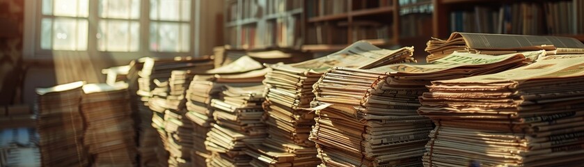 Close-Up stacks of newspapers casting warm shadows in soft sunlight