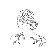 Women's backside face line art. Female with leaf drawing. Organic natural elements beauty salon line art and outline illustration. 